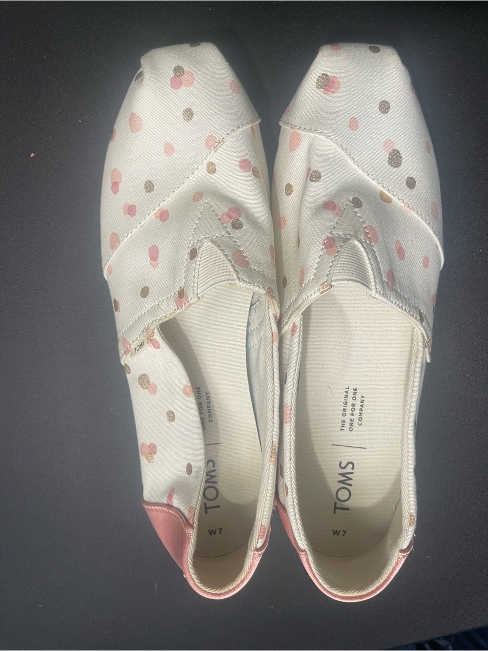 TOMS Cream Canvas Polka Dot Slip-Ons with Pink Accents